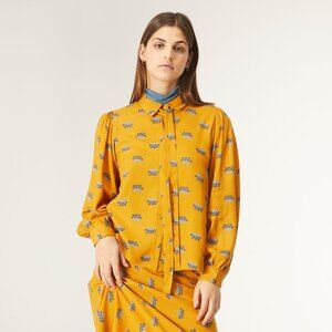 NWT Compania Fantastica Tie-Neck Shirt Aster Flower Print Long Sleeve Gold Sz S